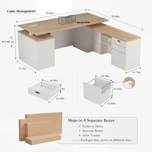 Vista 2 de 71" L Shaped Executive Desk with File Cabinet Drawers Outlet USB, Single-Motor Adjustable-Height Modern Electric Standing Desk Privacy Panel for