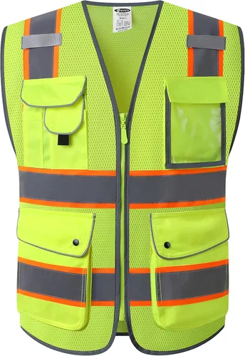 Vista 25 de JKSafety Chaleco de seguridad frontal con cremallera de alta visibilidad Clase 2 de 9 bolsillos con tiras reflectantes, cumple con las normas