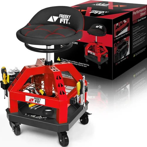 Vista 11 de Rolling Shop Taburete para garaje con ruedas, DO02 - Asiento giratorio de 360° de altura ajustable con almacenamiento de bandeja de herramientas