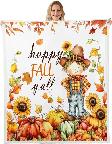 Vista 11 de Fall Scarecrow Throw Blanket,Retro Autumn Pumpinks Squirrel Bed Plush Blanket for Living Room Decor,Rustic Farmhouse Sunflowers Couch Bed Sofa Soft