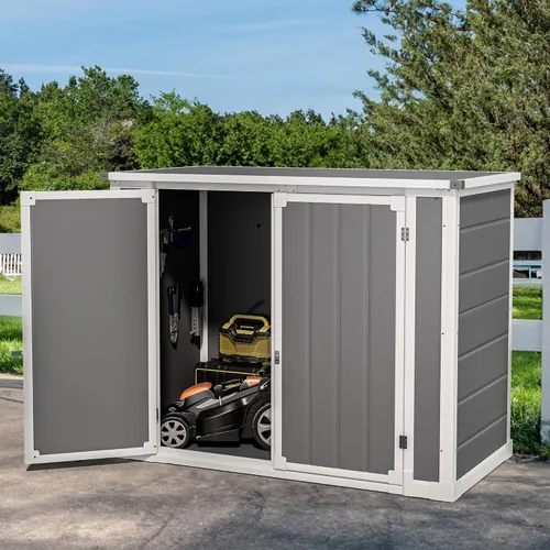 Vista 12 de DWVO Cobertizo de almacenamiento al aire libre de 35 pies cúbicos con puerta con cerradura única en forma de X, cobertizo de herramientas de resina