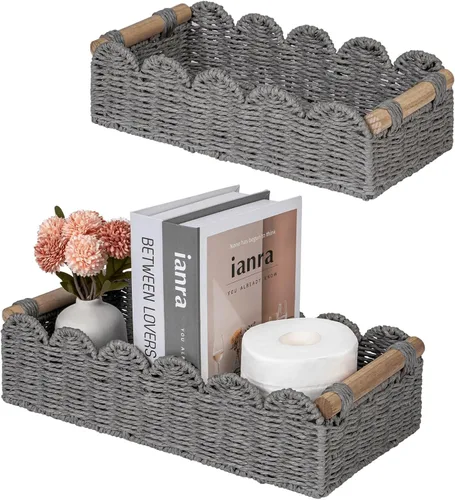 Vista 11 de CubesLand Canastas decorativas de cuerda de papel con borde festoneado para el hogar, sala de estar, dormitorio, cesta de inodoro para estante