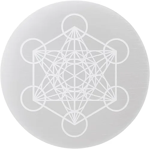 Vista 11 de Placa de carga de selenita con diseño de cubo de metatrón, cargador de cristal curativo grabado de 4 pulgadas Posavasos redondo de disco