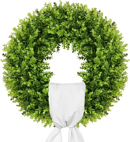Vlorart - Corona de boj artificial de 20 pulgadas, corona de puerta delantera con decoración de primavera y verano, con un lazo y una faja de