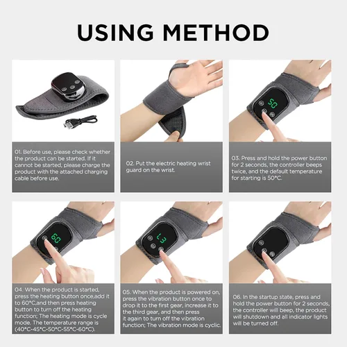 Vista 7 de Almohadilla térmica de muñeca recargable para aliviar el dolor, masajeador de manos calentado con 5 modos de calor y vibración, terapia para túnel