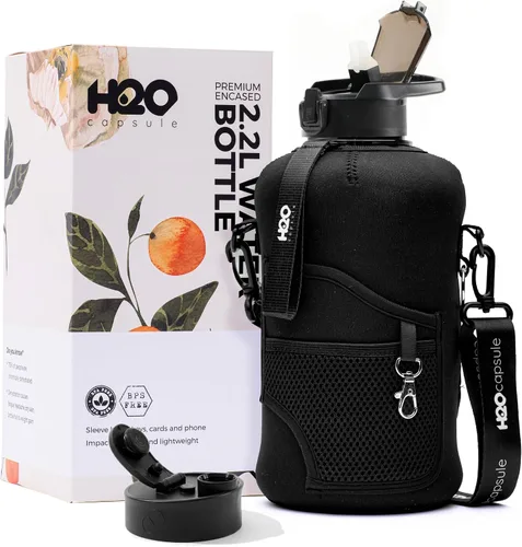 H2O Capsule - Botella de agua de medio galón con funda de almacenamiento y popote extraíble - Botella grande y reutilizable para bebidas con asa sin