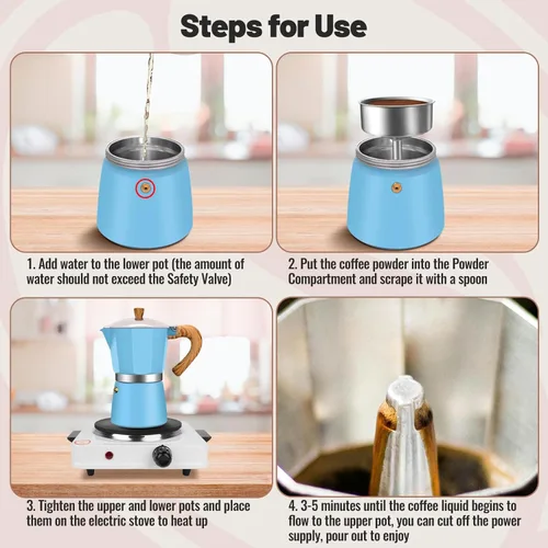 Vista 8 de Cafetera clásica de aluminio para 3 tazas, cafetera espresso de 5.1 fl oz, 5 onzas, cafetera de moca, olla greca, cafetera para café italiano y Azul