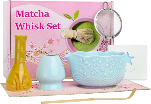 Juego de 6 batidores de matcha que incluye batidor de matcha de resina, juego de cuencos y tamiz de cerámica, soporte para batidores, cuchara de