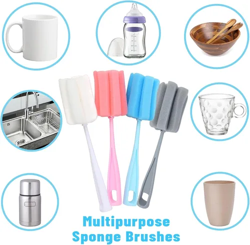 Vista 6 de Cepillo de esponja para botellas, 4 piezas, cepillo limpiador de mango largo para biberones, cristalería, tazas, tazas y cocina, limpieza