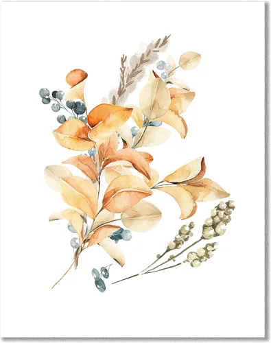 Flower Wall Art, Vintage Nature Botanical Print, Rustic Floral Watercolor of Wildflowers, Leaves, Berries in Orange & Blue. Country Farmhouse