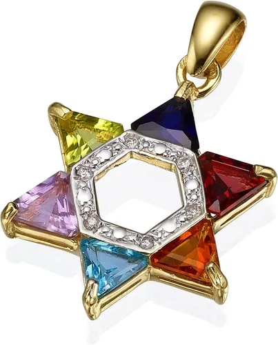 Baltinester Colgante de estrella de David hecho a mano con diamantes y piedras semipreciosas, multicolor en oro amarillo de 14 quilates, joyería