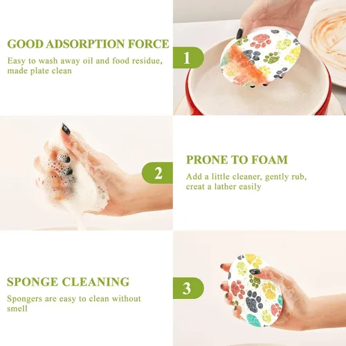 Vista 4 de Esponjas de cocina coloridas con huellas de garabatos para cocina, cachorros, perros, esponjas de limpieza para platos de limpieza, esponja natural