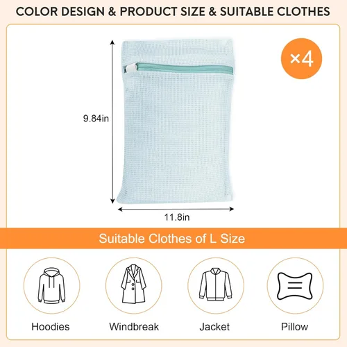 Vista 4 de Bolsa de lavandería de malla de algodón orgánico de 4 piezas, color azul, pequeña, duradera, con cremallera fuerte y malla transpirable, delicada