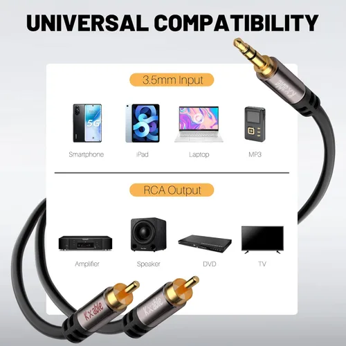 Vista 6 de Paquete de 2 cables de 3.5mm a RCA de 4 pies, adaptador de audio estéreo macho RCA a auxiliar, cable divisor en Y auxiliar de sonido de alta
