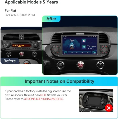 Vista 2 de XTRONS Estéreo de coche de un solo DIN para Fiat 500, Android 13 Octa Core 4GB RAM 64GB ROM Reproductor de radio de automóvil, pantalla táctil IPS