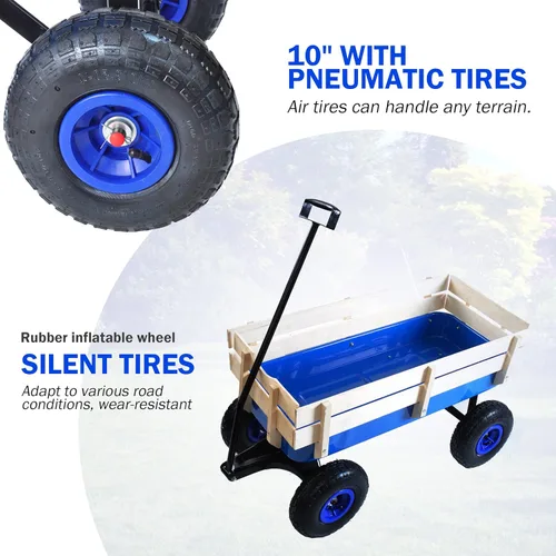 Vista 3 de Carro de carga de acero resistente con soporte lateral de madera con neumáticos todo terreno de 10", capacidad de arrastre de hasta 176lb, carro