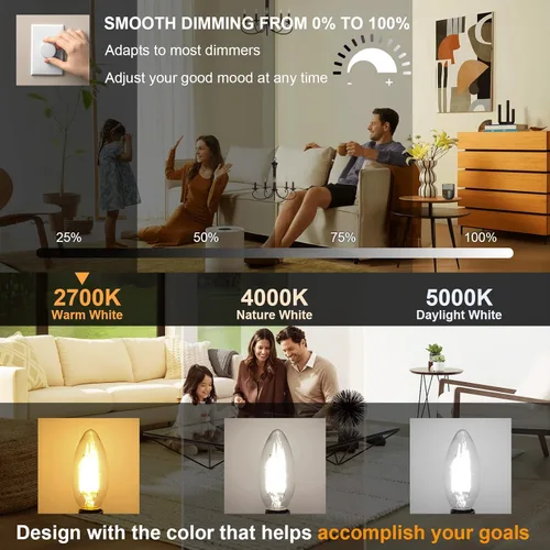 Vista 2 de comzler Bombilla LED E12 para candelabro regulable, bombilla de lámpara de araña 2700K blanco cálido, equivalente a 40W, bombillas tipo B