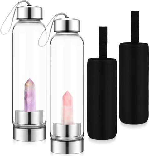 Vista 7 de meekoo Botella de agua de cristal de 2 piezas, botella de agua transparente con centro de piedras preciosas, amatista natural y cuarzo rosa, botella