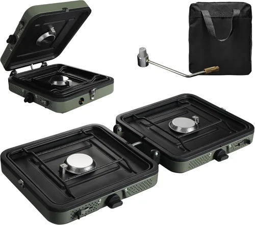 Vista 12 de Estufa de camping de propano de 2 quemadores, estufa de gas plegable portátil para acampar con 17200 BTU, dos quemadores ajustables con mango