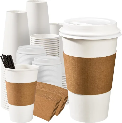 Vista 17 de RACETOP [Paquete de 50] Tazas de café desechables con tapas de 12 onzas, tazas de papel caliente con tapas, taza para llevar con tapa