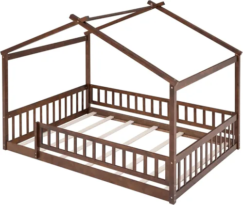 Vista 51 de Harper & Bright Designs Cama Montessori de tamaño matrimonial, cama de piso para niños con barandilla de valla, marcos de cama matrimonial de madera