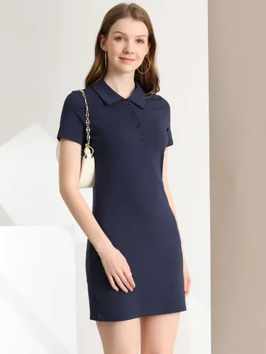 Vista 2 de Allegra K Vestido de manga corta para mujer, con cuello polo, para golf, tenis, elástico, mini vestido de algodón, M