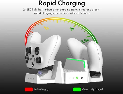 Vista 4 de ElecGear Soporte vertical de refrigeración y carga para Xbox Series S, 2 baterías recargables y base de carga dual para controlador Xbox, ventilador