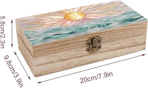 Vista 2 de Sunset Ocean Waves Wooden Storage Box with Hinged Lock,Decorative Handmade Keepsake Jewelry Chest, Elegant Retro Decor Boxes, Compact Organizer Box