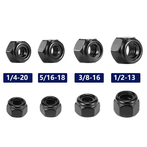 Vista 4 de Tuercas hexagonales de nailon 1/2-13, 50 tuercas de seguridad de acero inoxidable 304, accionamiento hexagonal, acabado brillante, óxido negro por