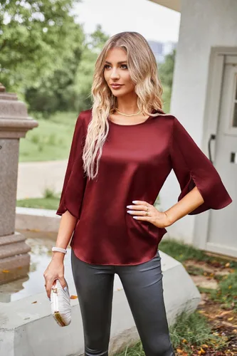 Vista 4 de Women Casual Scoop Neck Loose Top 34 Sleeve Satin Chiffon Blouse Tops