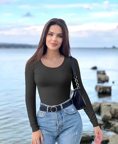 Vista 6 de OQQ Body de 2 piezas para mujer, sexy, acanalado, de una pieza, manga larga, cuello redondo