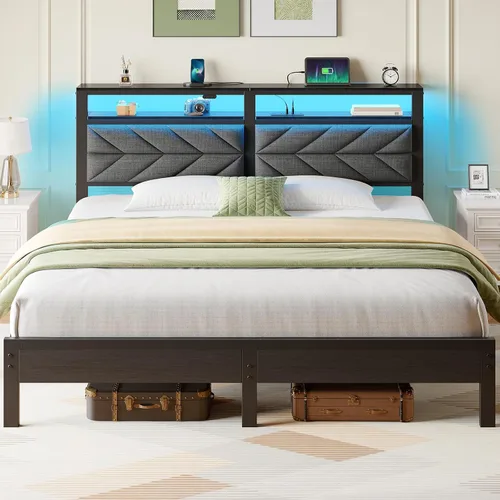 Vista 16 de Seventable Base de cama individual con estación de carga y luces LED, cabecera tapizada con estantes de almacenamiento de 2 niveles, plataforma