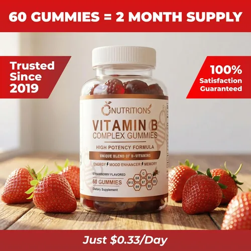 Vista 7 de O NUTRITIONS Gomitas veganas de complejo de vitamina B con vitamina B12, B7 como biotina, B6, B3 como niacina, B5, B6, B8, B9 como folato