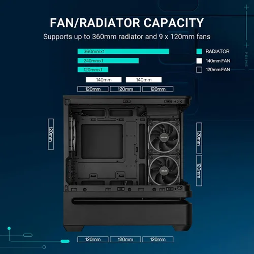 Vista 5 de ASUS Prime AP202 ARGB Black mATX carcasa de PC con vidrio curvo completamente templado, soporta tarjetas gráficas de hasta 420 mm de largo