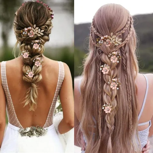 Vista 5 de 5 PCS Horquillas de Flores Nupciales para Cabello de Boda con Cristales y Perlas, Clips para Cabello, Tocado Dorado, Accesorios para Cabello