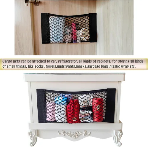 Vista 6 de Paquete de 4 Red de Carga Automotriz Bolsa Organizadora Adhesiva de Pared para Almacenamiento de Coche Bolsillo de Malla Elástica con Calcomanías