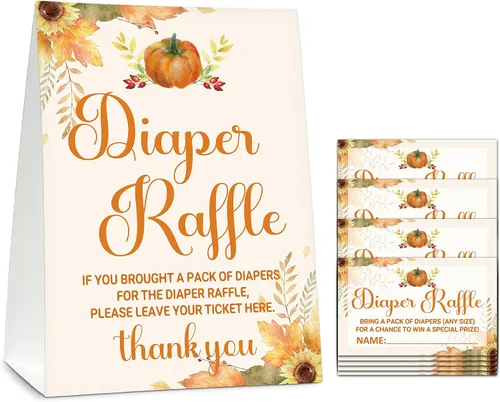 Juego de sorteo de pañales para baby shower (1 letrero de pie + 50 tarjetas de búsqueda), boletos para sorteo de pañales para baby shower,