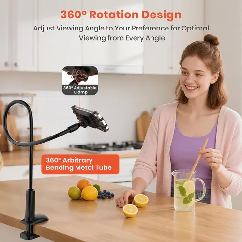 Vista 4 de Soporte de cuello de cisne para Kindle y teléfono para leer en la cama, soporte ajustable para teléfono celular para escritorio, abrazadera flexible