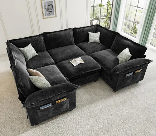Vista 32 de KKL Sofá cama modular seccional, sofá de nube de 4 plazas con otomana, sofás seccionales de felpilla para sala de estar, apartamento, beige