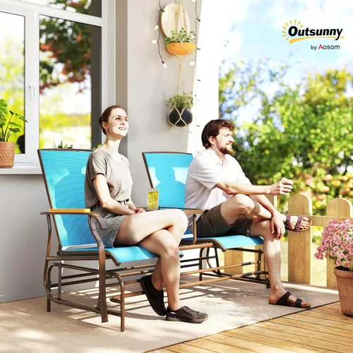 Vista 2 de Outsunny Banco planeador para 2 personas para exteriores, silla de columpio para patio, sofá biplaza con malla transpirable, mesa, marco de acero