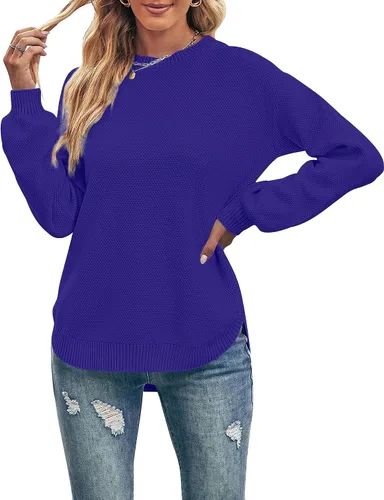 MEROKEETY Suéter de manga larga de globo con cuello redondo para mujer, suéter de punto gofre, suéter suave para otoño 2023