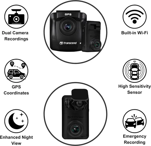 Vista 5 de Transcend 32 GB, cámara dual para tablero frontal y trasera en el interior, 140 gran angular, pantalla 2.4, GPS WiFi integrado, sensor G, visión