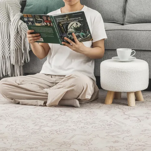 Vista 26 de Asense Taburete otomano redondo pequeño con reposapiés acolchado de tela con patas de madera antideslizantes (multicolor, tela)