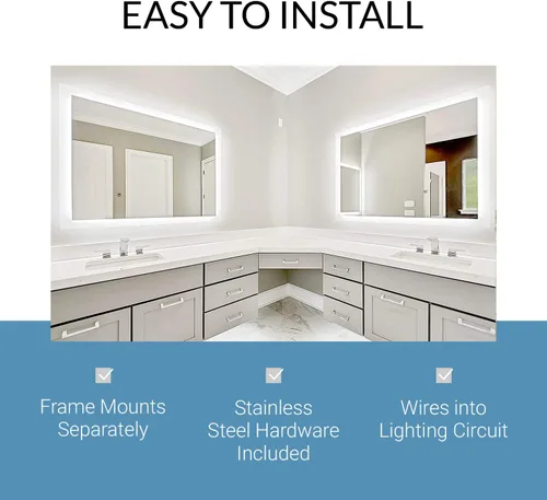 Vista 6 de Mirrors & Marble Espejo de baño LED con luces, espejo rectangular iluminado lateral para tocador, dormitorio o ducha, antivaho y montado