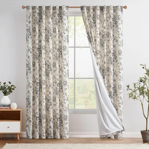 Vista 10 de JINCHAN Cortinas de mezcla de lino con flores para sala de campo francés, cortinas para sala de estar de 84 pulgadas de largo, cortinas impresas