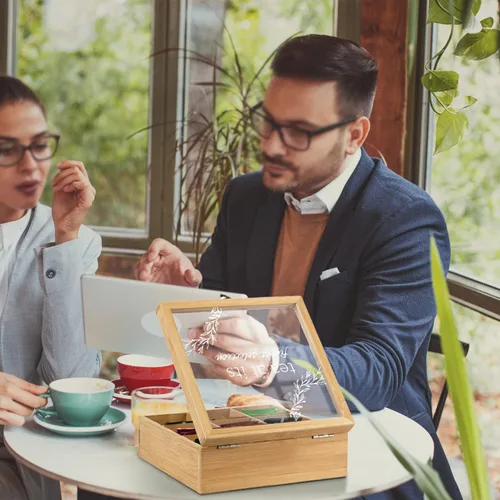 Vista 5 de handrong Caja de té, almacenamiento de bolsas de té, organizador de bolsas de té de bambú, baúl moderno con 9 compartimentos y cubierta transparente