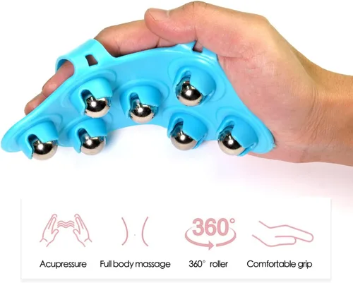 Vista 2 de Rodillo de bola de masaje y bola de terapia - Masajeador de mano para espalda y pies - Herramienta de masaje de punto de gatillo - Azul