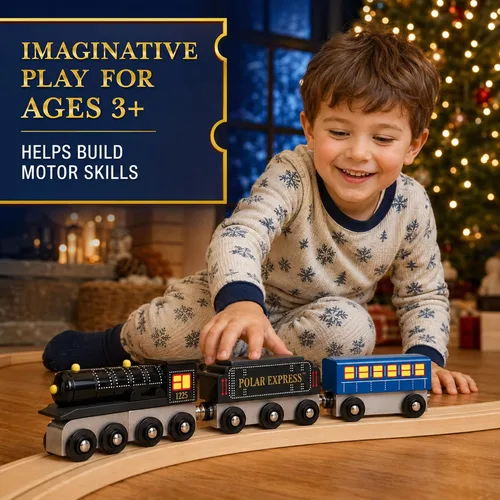 Vista 3 de MasterPieces El juego de motor de madera y cola de tren Polar Express, edición de coleccionista con licencia oficial con conexión magnética