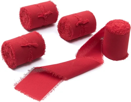 Vista 49 de 4 rollos de 1 pulgada de ancho x 5 yardas de largo, cinta de gasa con flecos hecha a mano, de chifón y seda, con bordes deshilachados