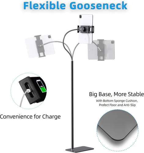 Vista 3 de Tablet Floor Stand Holder with Flexible Gooseneck and Stable Base, Compatible with Tablet and Cell Phones (3.5''-9.7''), Black